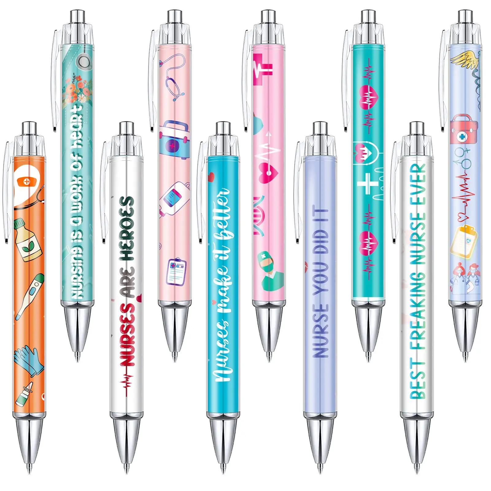 Cute Cartoon Letter Design Nurse Ballpoint Pen Set (10pcs), Cute Aesthetic Pens, Cute Office Pen, Retractable Writing Pen, Writing Stationery for Nurse & Worker & Student, Thank You Gift for Friend