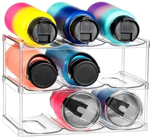 LARGER Compartment - Stackable Water Bottle Organizer Holder - for Stanley & Others' Large Tumbler - Clear Wine Rack, Cup Bottle Holder for Cabinet Home Countertop Fridge Pantry Shelf, 3 Tier Hold 9