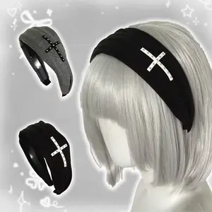 Women's Gothic Cross Rivet Wide Headband - Dark Y2K Nun-Style Alt Aesthetic Emo Hair Accessory