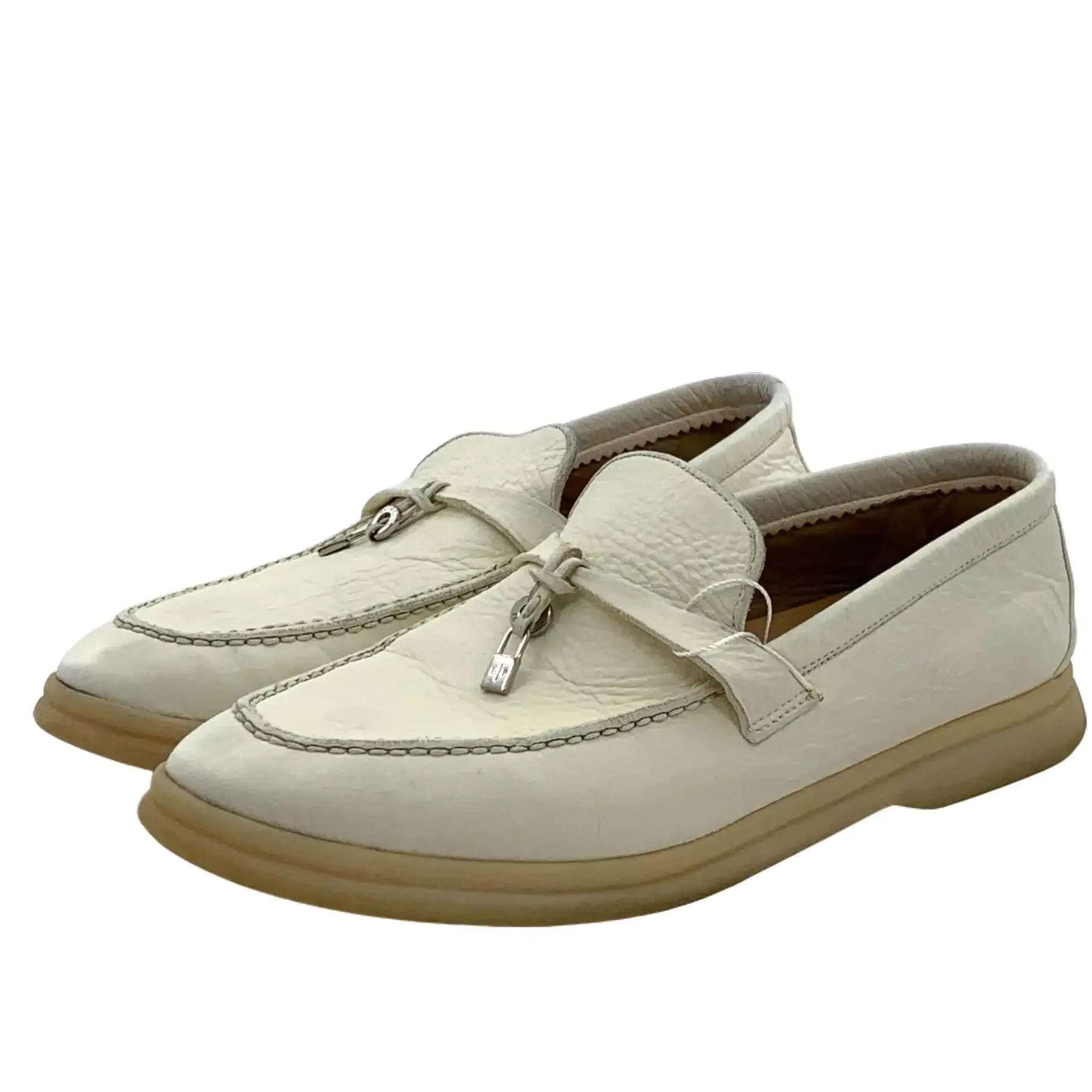 RDLT-Loro Piana size 39 beige deer skin tassel lock buckle casual flat loafer shoes-X36867