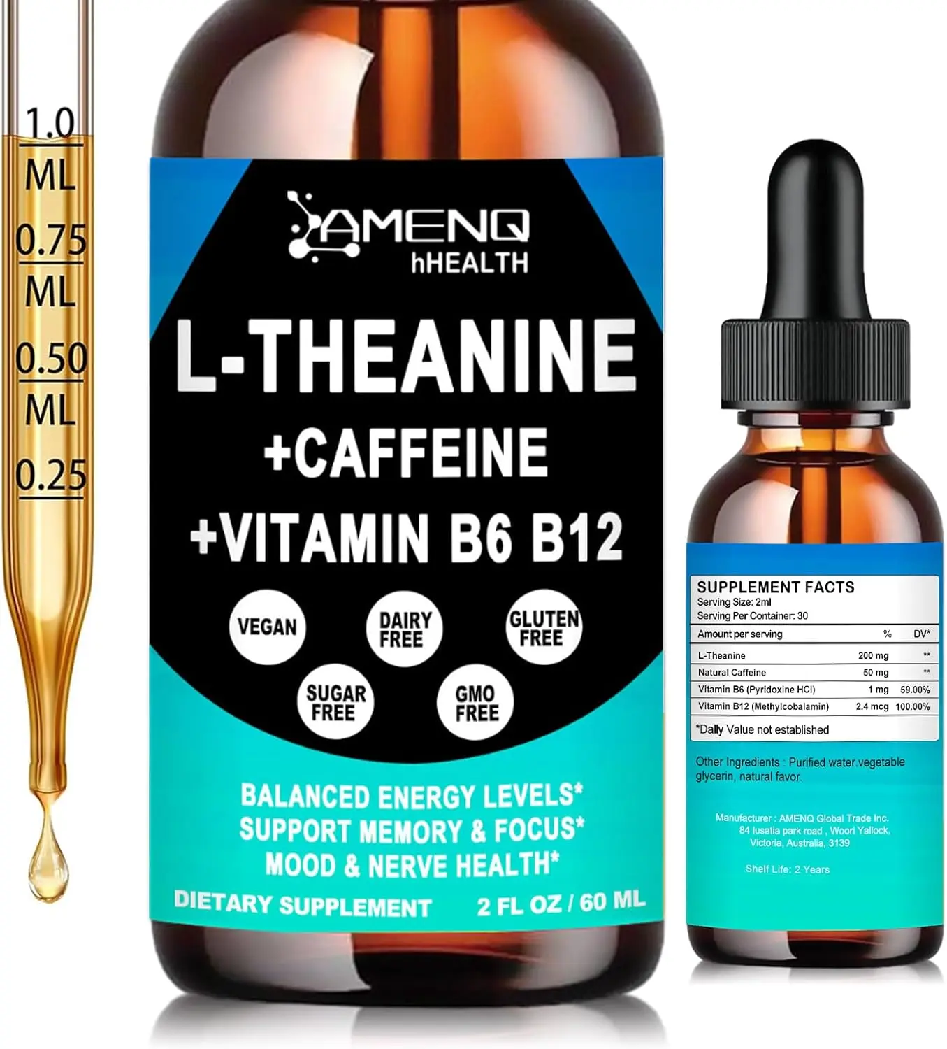 L Theanine Caffeine Supplement Organic Liquid Drops for Women & Men | Focused Energy Supplement with L-Theanine 200mg and 50mg Natural Caffeine + Vitamin B6 & B12 | Vegan