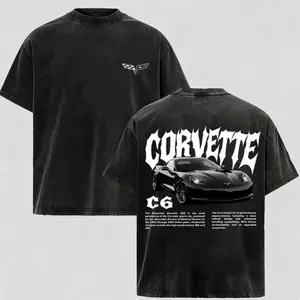 Men's Vintage Washed Corvette C6 Graphic Tee, Oversized 100% Cotton Crewneck Casual Fabric Top, Unisex Racing Car Merch, Gifts for Him