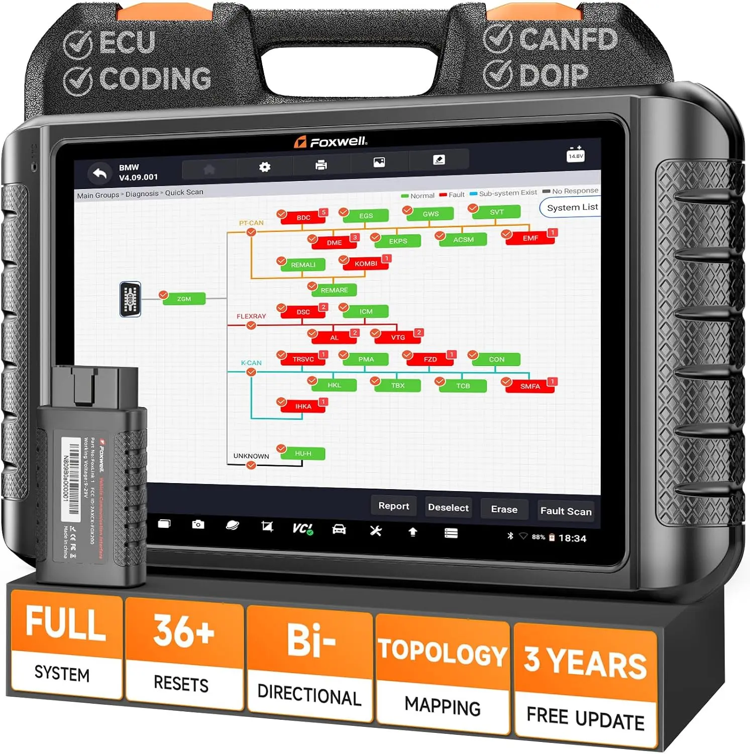 FOXWELL NT1009 All-System Bi-Directional Scan Tool with All Reset Services,  Topology Mapping, V.A.G Guide & FCA SGW Support, autodiagnostic tools CAN-FD DoIP Diagnostic Scanner for All Cars, 3-Year Free Updates