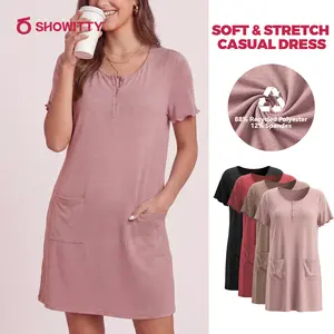 SHOWITTY Womens Casual Henley Dress with Pockets, Short Sleeve Soft Stretch Lounge Dress, Breathable Recycled Fabric Everyday Midi Dress #Summervibes