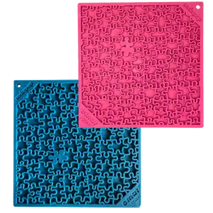eMat Large Blue & Pink Jigsaw Puzzle Lick Mat Bundle for Fast Eaters - Calming, Entertaining, & Digestive Health Benefits - 8"x8" Enrichment Mat - Feeding