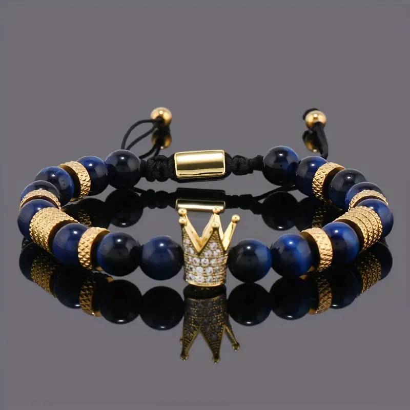 1pc Royal Golden Crown Charm Men Bracelet, Tiger's Eye Stone Geometry Adjustable Beads Bracelets Couple Jewelry for Man Gift