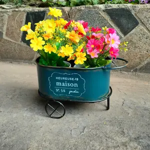 Rustic Iron Flower Cart Vintage Style, Multifunctional Decorative Pushcart for Garden Patio Yard, Old Effect Country Charm, Rustic Flower Pot