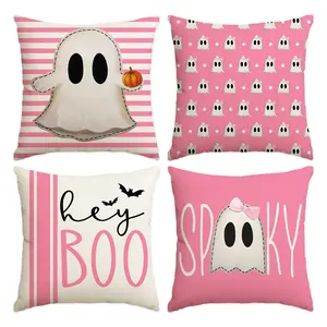 4pcs Halloween Pillow Cover, Halloween Night Decorative Sofa Cushion Cover, Pink Striped Ghost, Bat Single sided Printed Pillow Cover, Suitable for Bedroom, Living Room, Sofa, Farmhouse, Bed, Car Decorative Cushion Pillow Cover (No Pillow Core)