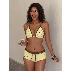 Women's Swimsuit bikini,retro yellow polkat  Print vintage colour block swimsuit pants summer sets for/Going Out Outfits/Birthday Outfit/Casual/Y2k/2000s/Y2k Clothes /Classy/Old Money/Streetwear/Vacation Outfits/girls beachwear