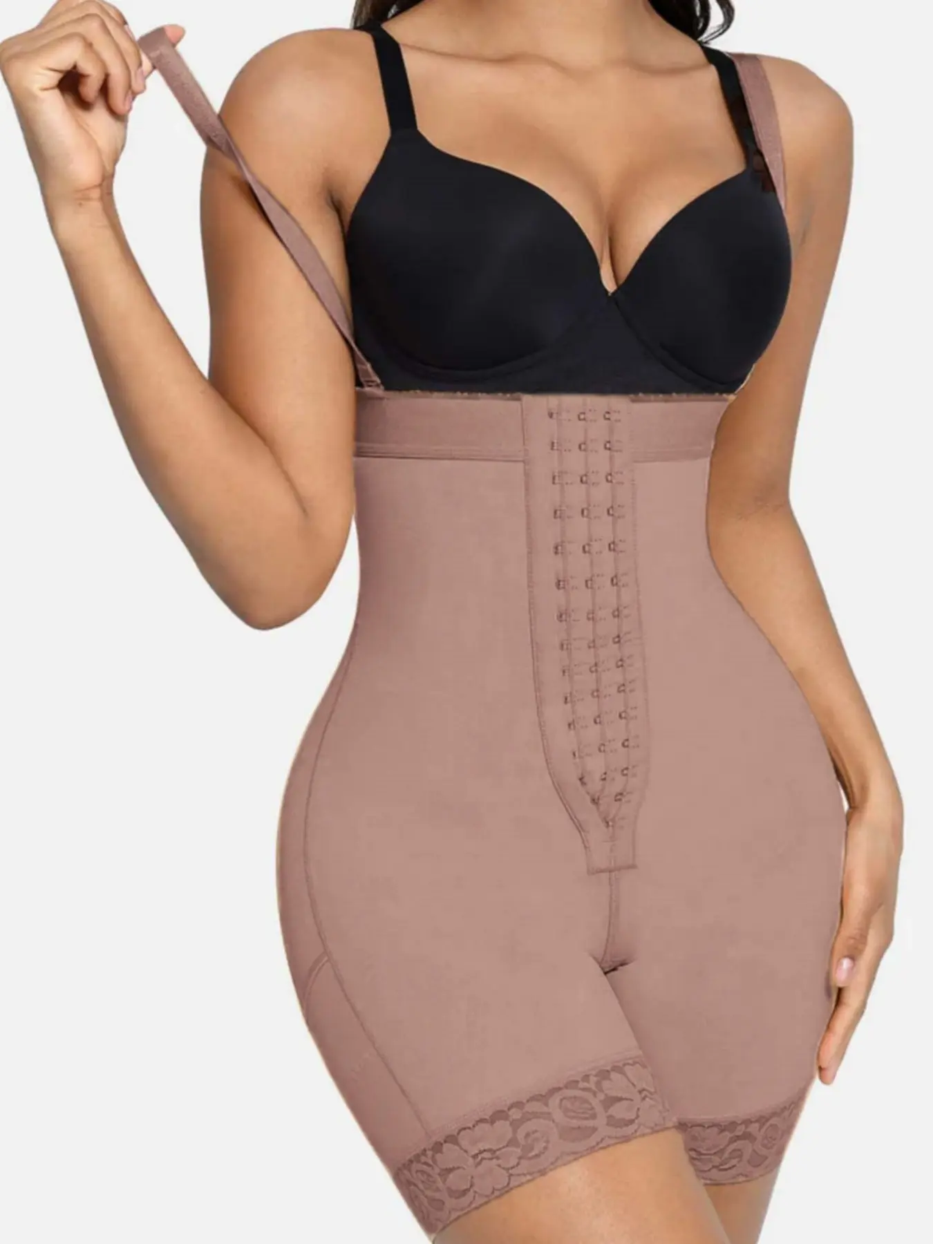 1 Count Hourglass Snatched Women's Underwear Fajas Colombian Shapewear Bodysuit, Open Bust Body Shaperwear Jumpsuit With Adjustable Hooks Zipper Crotch, Seamless Tummy Control Butt Lifter Body Shaper Lace Trim Shorts For Postpartum Daily Use