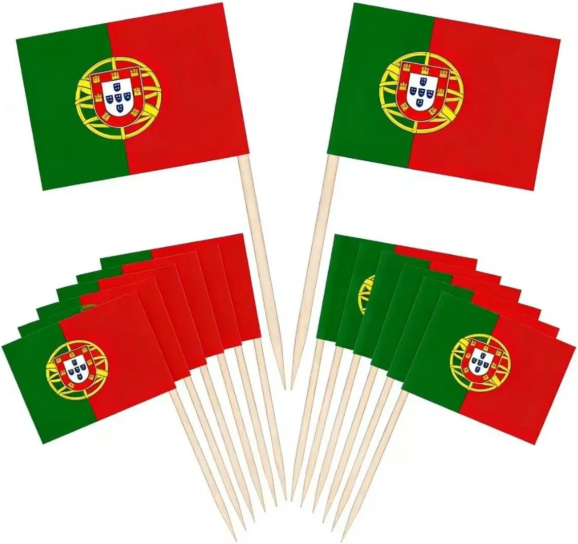 100 Pcs Portugal Flag Cake Topper, 1.38In X 1In, Wood Toothpick, Party Decoration, Wedding, Birthday