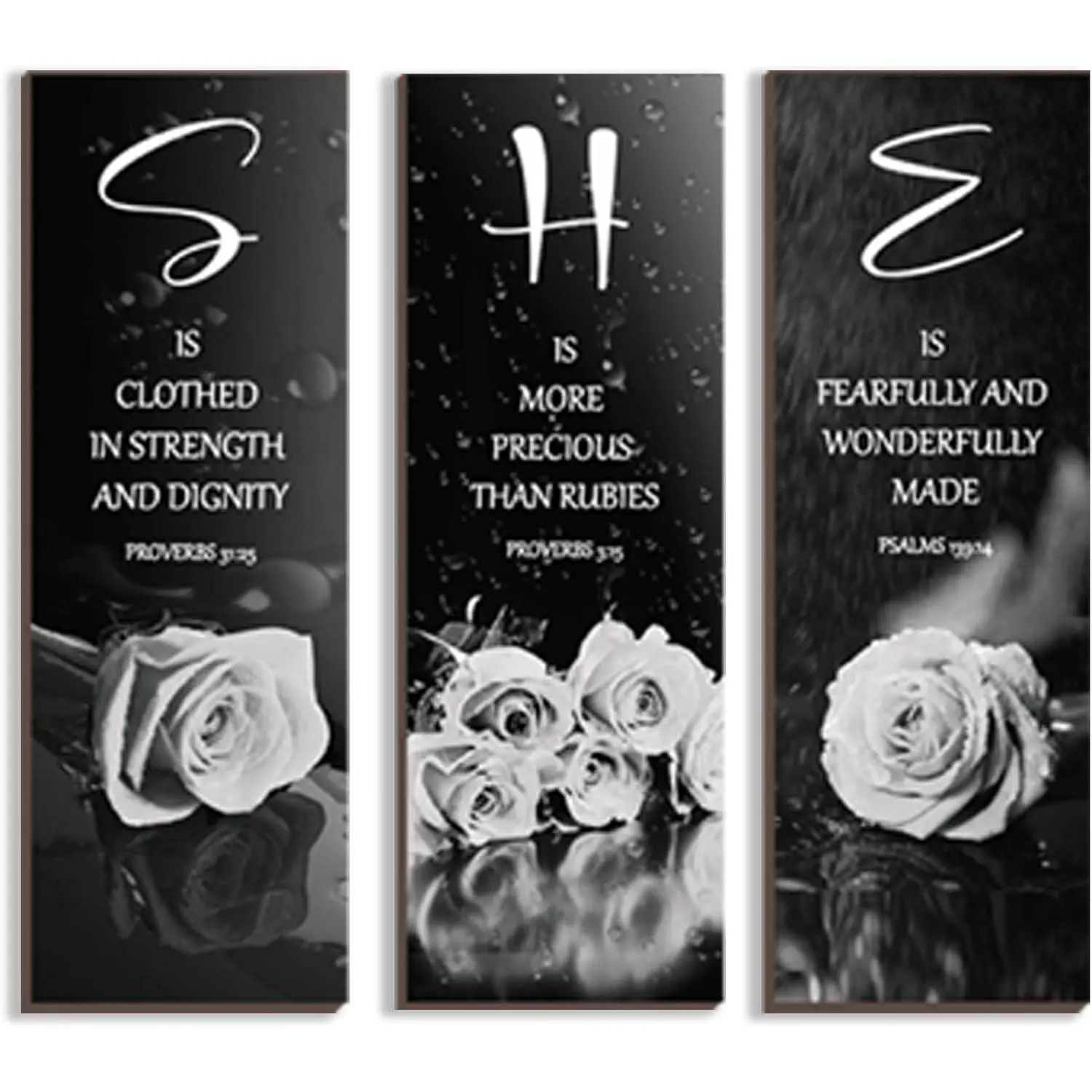 3 count Black And White Bedroom Decor White Rose Wooden Wall Decor Black Grey Bathroom Decor Inspirational Farmhouse Office Sign With SHE  Words For Women Girl  Decor(White 12x4Inch)