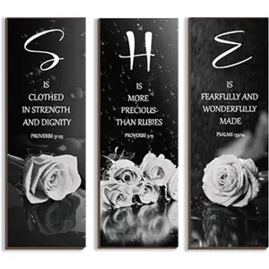 3 count Black And White Bedroom Decor White Rose Wooden Wall Decor Black Grey Bathroom Decor Inspirational Farmhouse Office Sign With SHE  Words For Women Girl  Decor(White 12x4Inch)