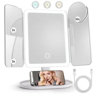 Makeup Mirror Vanity Mirror with Lights, Bathroom Adjustable Brightness Mirrors 1X/2X/3X/10X Magnification and Touch Screen Trifold Makeup Mirror Two Power Supply Modes Women Gift White