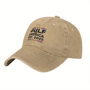 Vintage Gulf of America Est. 2025 Trucker Hat - Adjustable Baseball Cap, Classic Khaki Snapback with Stars  Stripes Design, Retro Patriotic American Flag Style