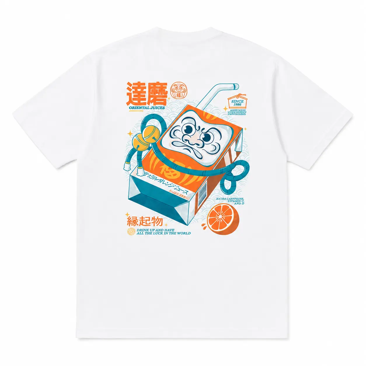 Oriental Juices Daruma Doll Graphic Tee, Japanese Juice Box Orange Retro T-Shirt, Drink Up And Have All The Luck In The World Streetwear Apparel, Cute Asian Aesthetic Graphic Top, Unisex Oversized Short Sleeve Casual Tee, Quirky Gift Idea 2847
