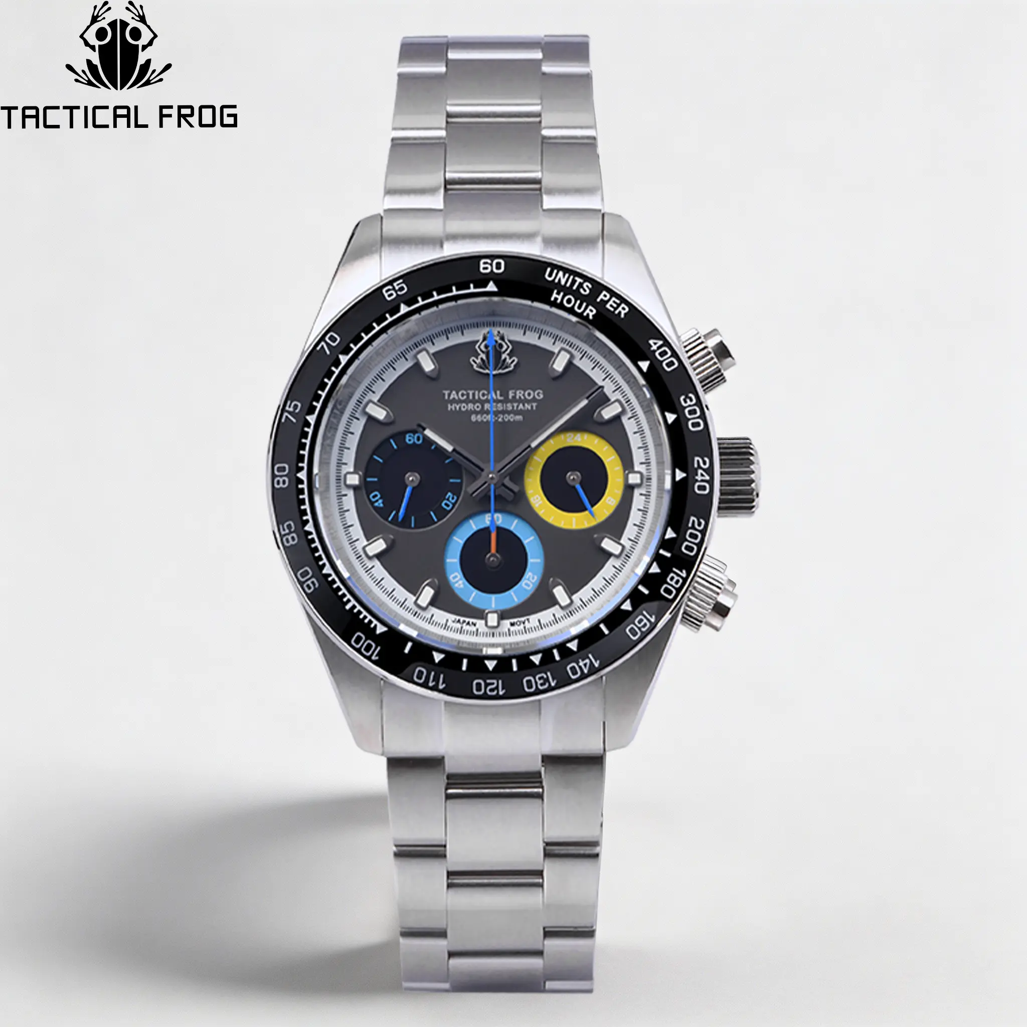 TACTICAL FROG Luxury Men’s 40mm Analog Chronograph Watch - Stainless Steel, 100M-200M Waterproof Sports Watch with C3 Super Luminous, Black Dial, Tachymeter Bezel, Date Window