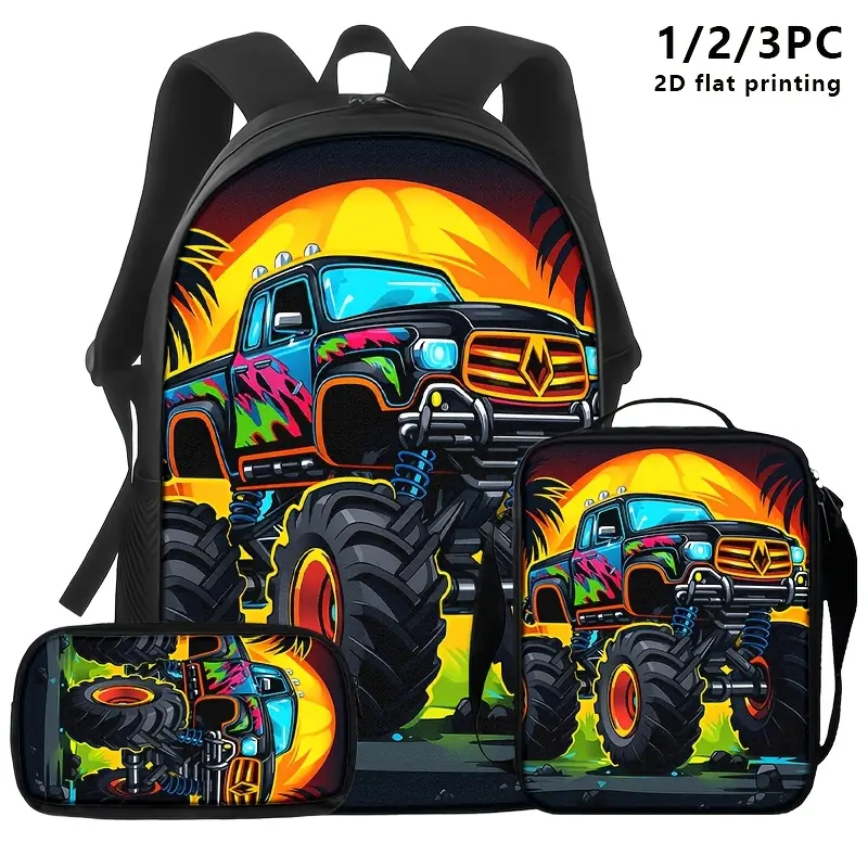 1pc/3pc Beasts Graphic Animated Automotive Style Bright Neon Anti-Shock Backpack, Shoulder Bag or Pouch with Vibrant Monster Truck 2D Print - Urban Street Style for Young Adults on Commutes, Outings, Beasts Graphic Backpacks, Animated Graphic Backpack