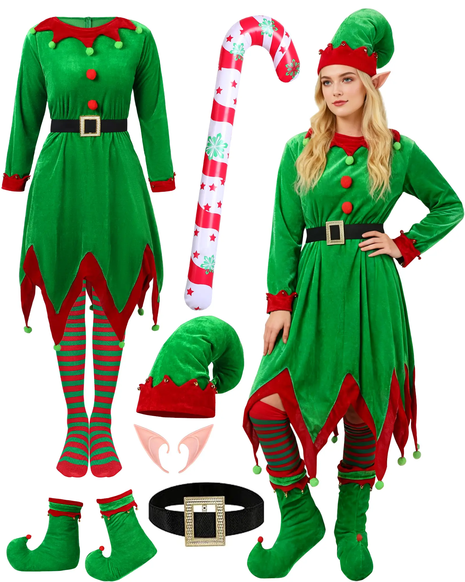 7Pcs Women Christmas Elf Costume Set - Santa Helper Velvet Dress Xmas Outfit with Elf Ears, Hat, Shoes, Belt, Socks