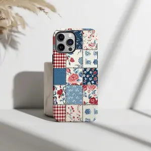 Classic Patchwork Phone Case, Red Floral Gingham Cover, Vintage Nostalgic Aesthetic Protective Design Case