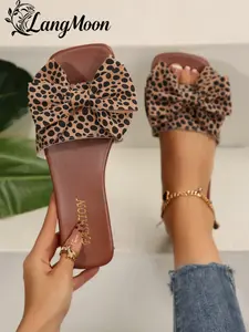 Langmoon Leopard Bow Flat Sandals, Vintage Print Butterfly Knot Design, Soft Elastic Sole, Anti-Slip Wear-Resistant, Spring Summer Casual Shoes