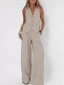 Women's Chic Patchwork Vest and Pants 2 Piece Set Summer Cotton Blend Sleeveless Waistcoat and Wide Leg Trousers Textured Casual Outfit