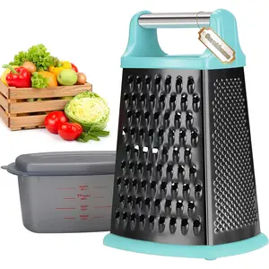 Ourokhome Cheese Grater with Handle, Stainless Steel Box Grater, 4 Side Kitchen Vegetable Shredder Slicer Zester with Container for Parmesan, Cabbage, Ginger, Lemon, Chocolate, Coconut (Teal Black) Ourokhome