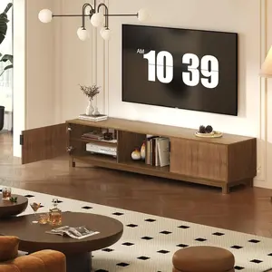 Fluted TV Stands for TVs Up to 80 Inches  Mid Century Modern Entertainment Center with Open Storage Compartments 70in Long Wooden TV Console for Living Room Bed Room- Walnut