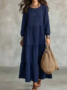 Women's Casual Loose-Fitting Dress, Plain Round Neck Long Sleeve Cake Skirt, Half Button Design, Ideal for All Seasons