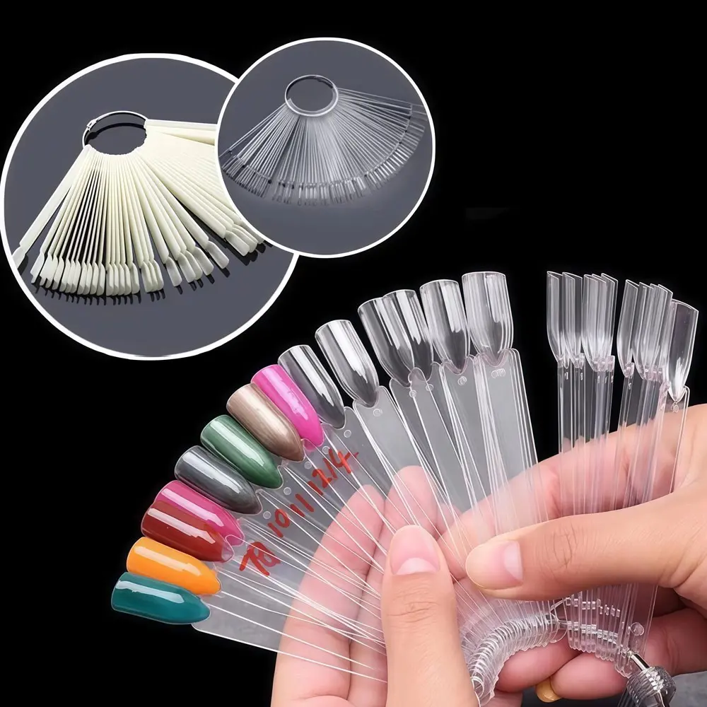 Nail Practice Display Tips Set, 50 Pcs Fake Nail Tips Swatch Fan with Holder, Portable Nail Polish Tester, Anti-Scratch Manicure Training Tools, Nail Art, Diy Nails Art