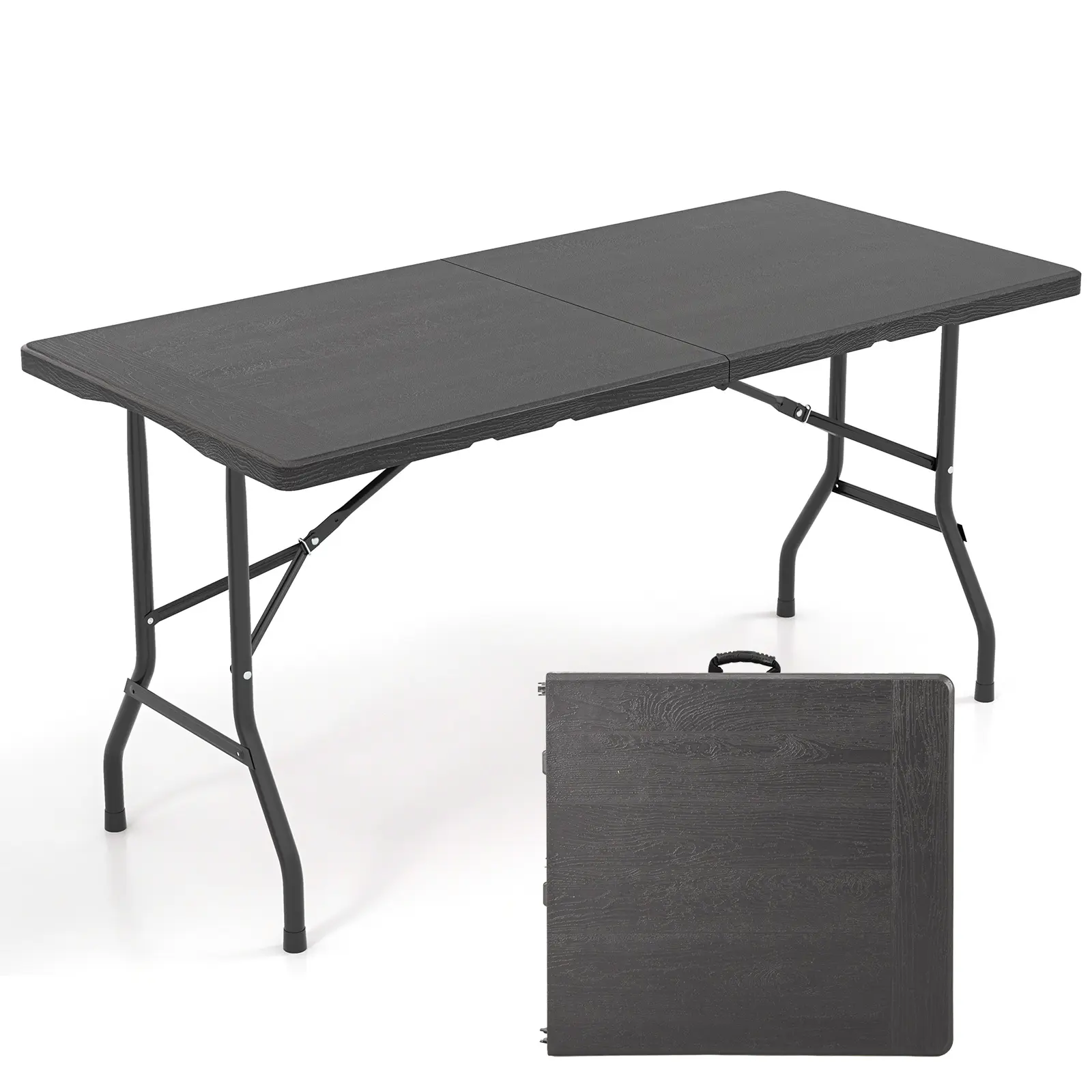 COSTWAY - 5FT Folding Picnic Table with Wood Grain HDPE Tabletop and  Non-slip Foot Pads-Black