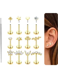 Gold Plated Push in Stud Earrings, 316L Steel Flat Back Earrings Threadless Tragus Helix Cartilage Conch Nose Piercing Jewelry Hypoallergenic Ear Piercing for Women 20G 18G 16G Earring Stacking Set