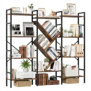 4-Tier Rustic Wooden Display Bookshelves, 12 Open Display Book Cabinet – Wide Bookcase for Bedroom, Living Room, Home & Office Shelving