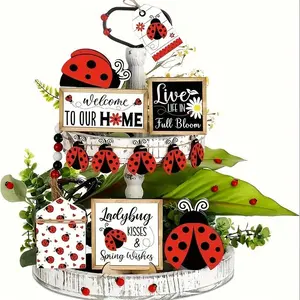 Ladybug Themed Tiered Tray Decoration, 12pcs/set Ladybug Wooden Sign & Ornament without Tray, Party Desktop Decoration for Home Kitchen Shelf Display