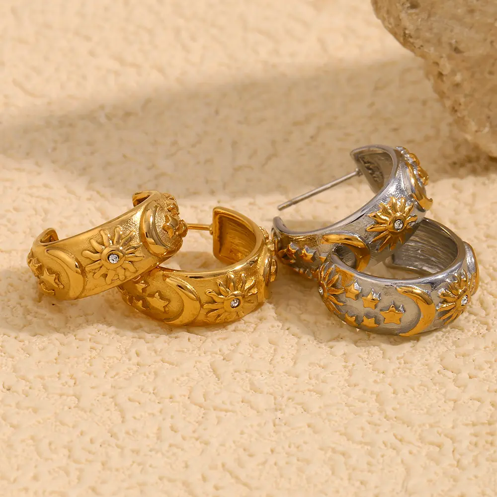 Celestial Sun Moon Star Jewelry, Two Tone Hoop Earrings, 18K Gold Plated Stainless Cuff & Ring, Y2K Boho Vintage Aesthetic Stackable Accessories, Waterproof Summer Beach Gift for Her, Mom, Wife & Girlfriend.