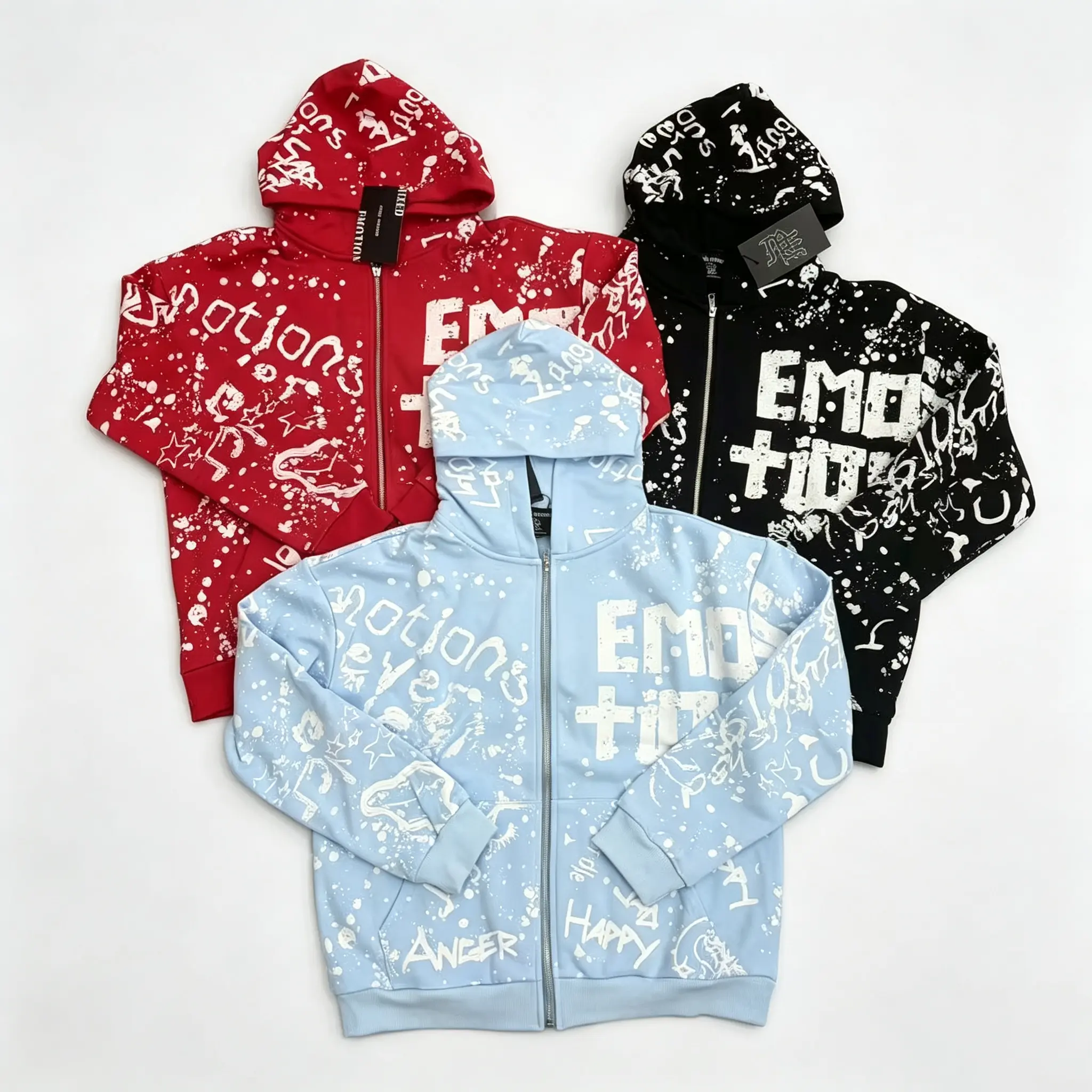MIXED EMOTION 100% Cotton Certified Graffiti Zip Up Hoodie Paint Splatter Y2K Streetwear Standard Fit