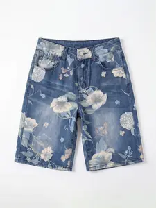 Women's Low Waist Blue Floral Pattern Denim Shorts, Mid-Length Boho Style Summer Shorts, Loose Fit Non-Elastic Cotton Jeans