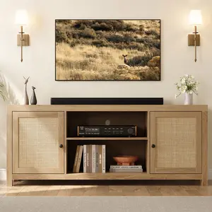 Boho Style Adjustable 2-Tier Wooden Storage Console Table - Rattan Entertainment Center, Adjustable TV Stand for 65-Inch TVs, Beige/Khaki Living Room Bedroom Furniture