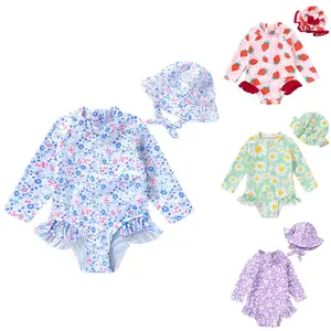 SummerVibes Infant Baby Girl Swimsuit One-Piece Long Sleeve Rash Guard with Hat Set Floral Zipper Bathing Suit Leopard Beach Wear Swimmingoutfit Swimoutfit Baby Clothing