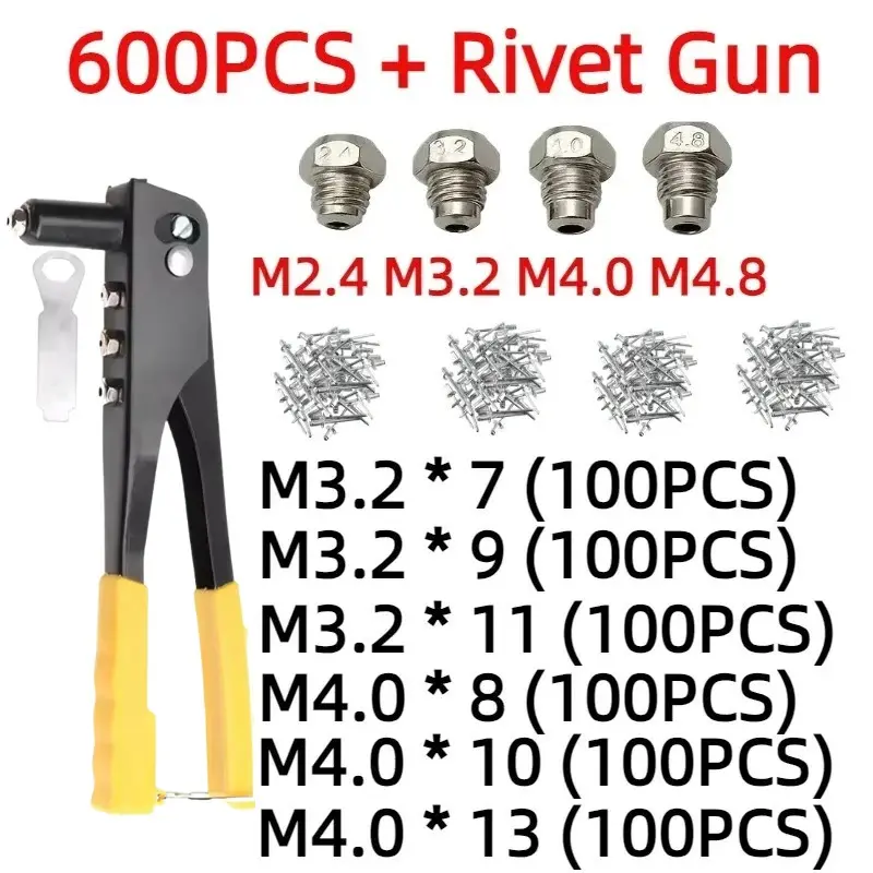 Industrial Portable Heavy-Duty Hand Riveter Gun Tool Kit Set with 120pcs Aluminum Alloy Blind Rivets, 200pcs/400pcs/600pcs Metal Rivets, 1pc Wrench, Streamlined Grip Pliers for Automotive & DIY Hardware Tasks