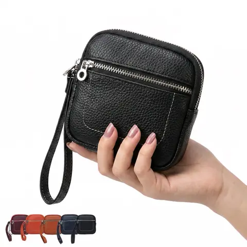Women's Cowhide Leather Mini Card Holder Wallet, Square Zipper Coin Purse with Key Ring, Compact Solid Color Keychain Pouch for Cards, Cash and Keys, Everyday Carry for Women and Men