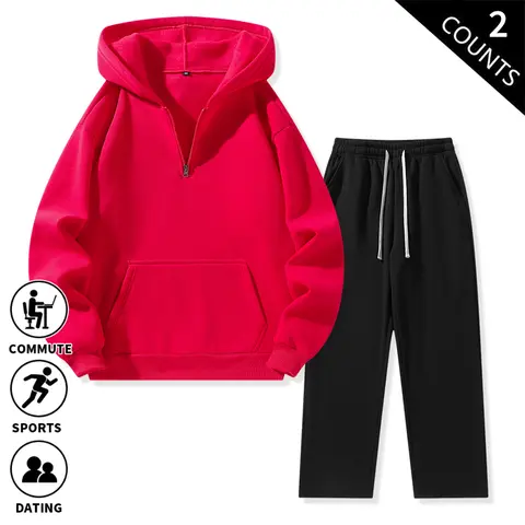 Men’s 2-piece tracksuit set featuring a half-zip hoodie and sweatpants, made from soft fleece knit with an oversized fit and drop shoulders—perfect for fall and winter, ideal for everyday wear, commuting, sports, dating, and streetwear.
