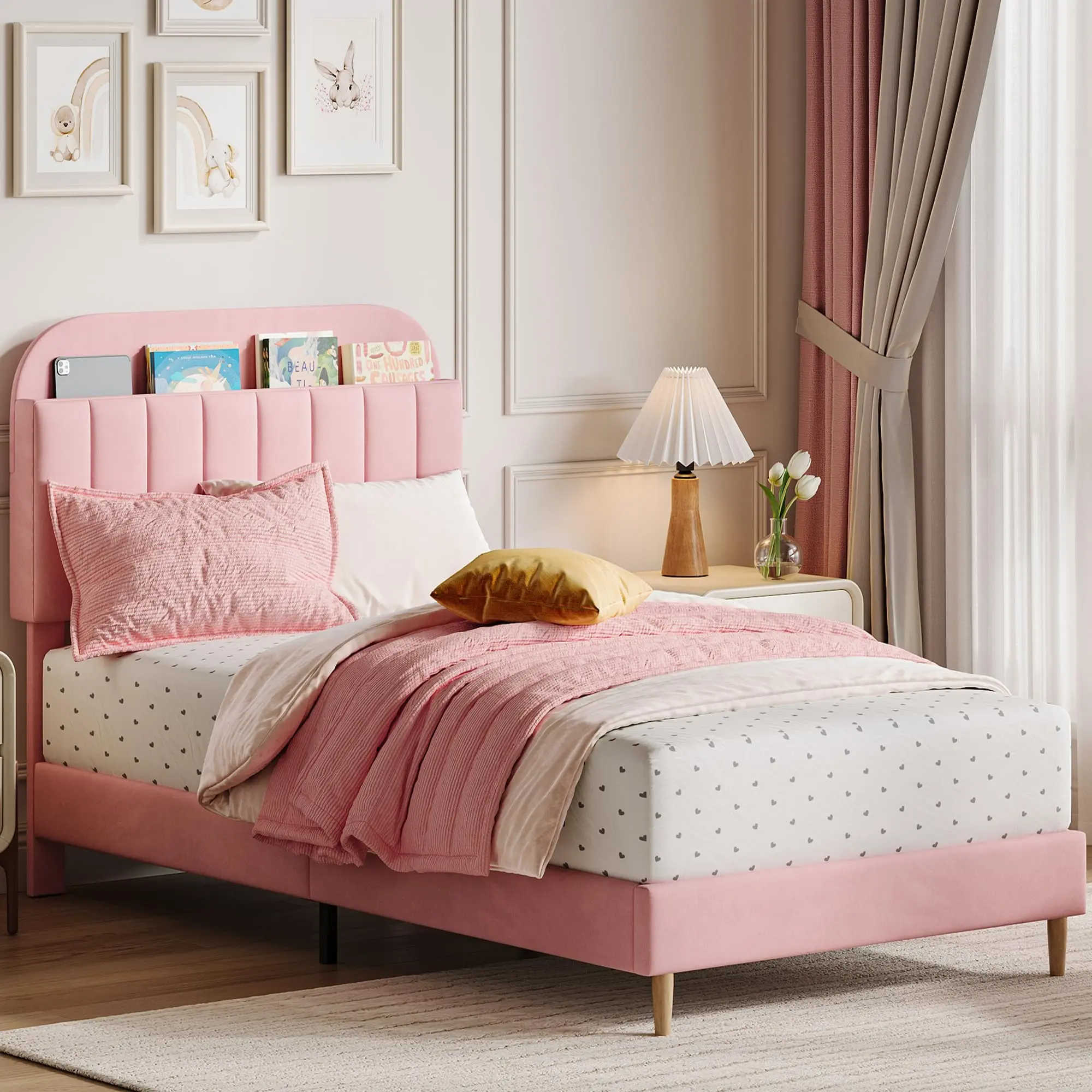 Twin Bed Frame with Storage Headboard, Velvet Upholstered Platform Bedframe for Kids, Girl Bed, Strong Wooden Slats, Noise-Free, Easy Assembly, No Box Spring Needed, Light Pink