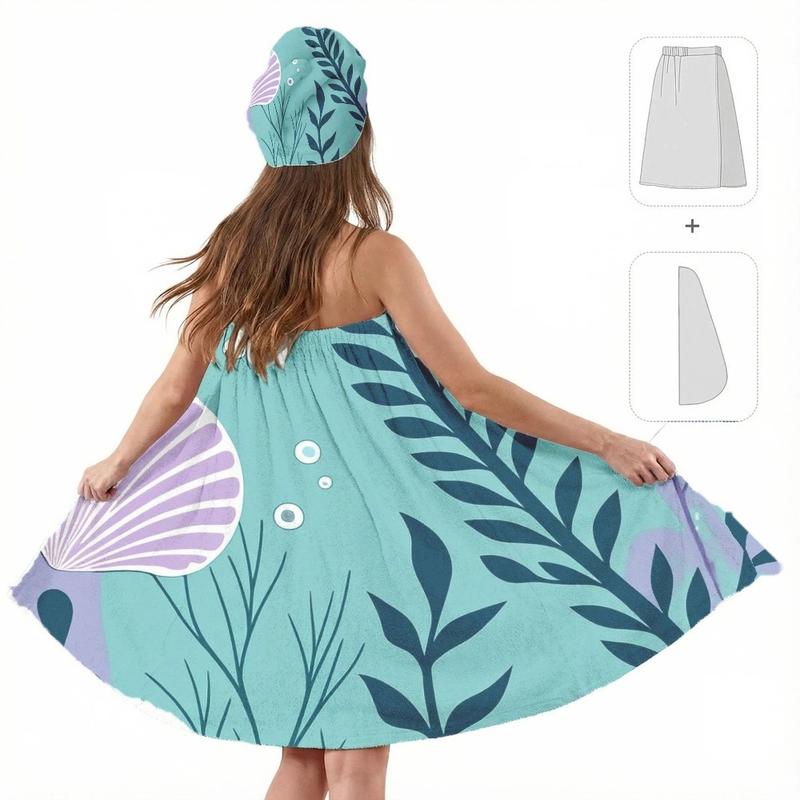 2pcTurquoise Strapless Towel Wrap for Women with Dark Blue Leaf Pattern and Matching Head Wrap Post-Bath Perfect for Spa, Pool, Beach, and Travel Adjustable Shower Wrap Towel with Home Hotel Bath Towel Nightgown for Sauna Beach Pool Gym Travel