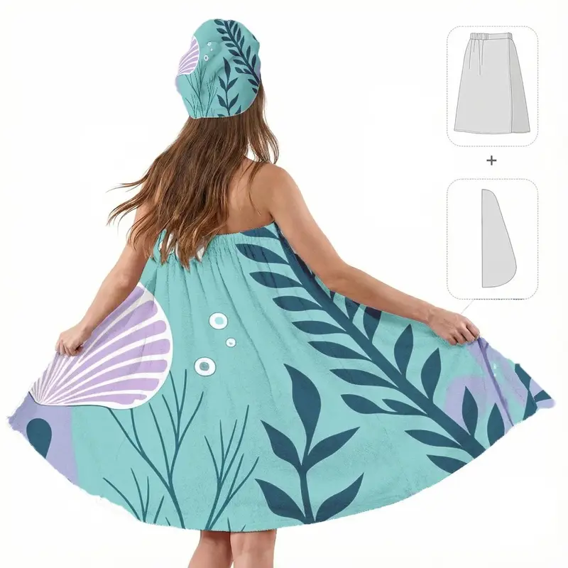 2pcTurquoise Strapless Towel Wrap for Women with Dark Blue Leaf Pattern and Matching Head Wrap Post-Bath Perfect for Spa, Pool, Beach, and Travel Adjustable Shower Wrap Towel with Home Hotel Bath Towel Nightgown for Sauna Beach Pool Gym Travel