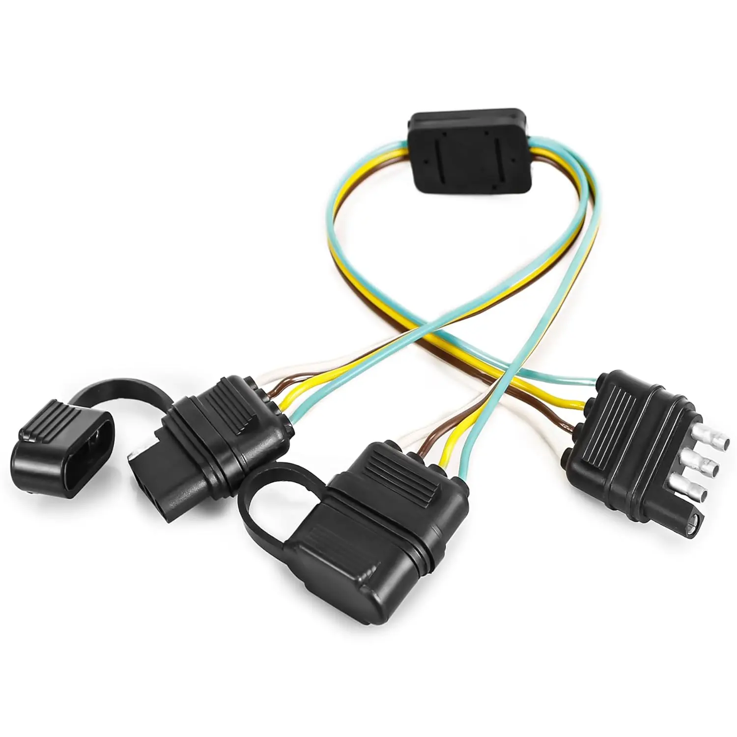4-Way Flat Universal Y-Splitter Adapter - 4pin Trailer Extension Cable, Exterior Truck Lighting Accessories for LED Lights, Copper Wiring, Power Split, 18.1in Plug-N-Play Harness, Premium Silicone Insulation, Waterproof Caps, Easy Installation