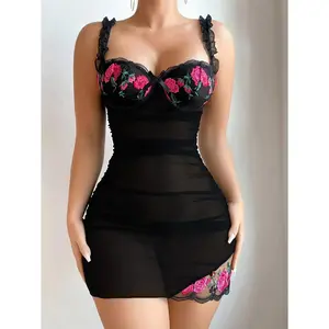 Women'S Embroidered Mesh Slip Nightgown with V-Neck and Floral Detail - Sleeveless Adjustable Strap Design, Includes Thong - All-Season Comfort, Adult Loungewear | Vneck Slip Dress | Exquisite Craftsmanship, Slip Nightgown