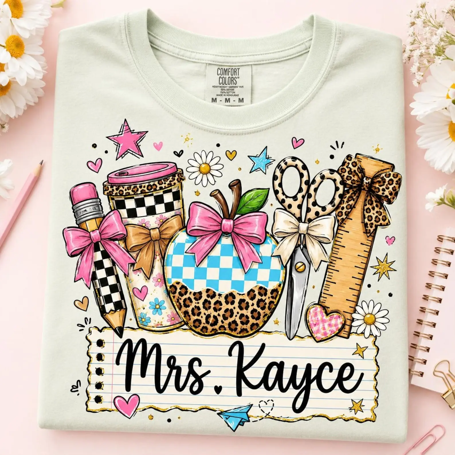 Personalized Teacher Name Comfort Color T-shirt, Leopard School Supplies Shirt, Custom Teacher Shirt, Back to School Gift