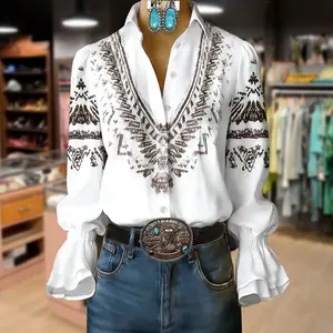 Cherrybetty Vintage Ethnic Print Double Flared Cuffs Blouse Womenswear Shirts Vneck Plus Size Fashion Cute Tops For Women Clothes For Women Long Sleeve Tops Women