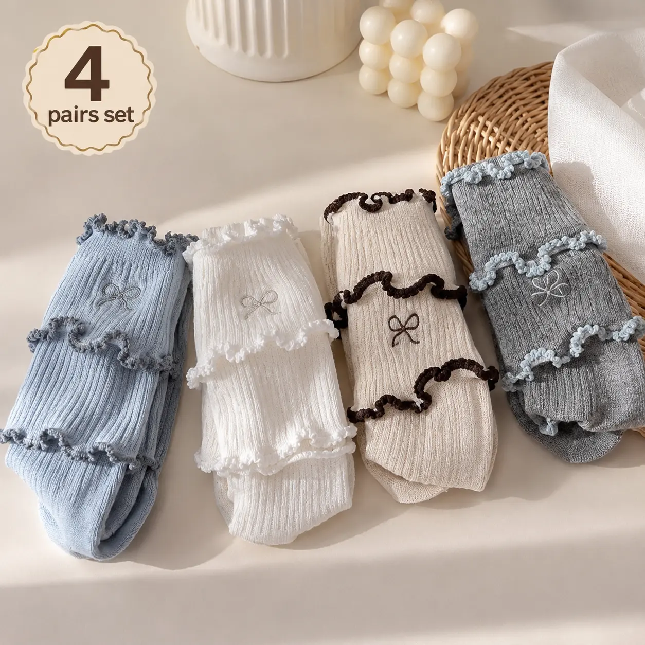Women's 4-Pair Ruffle Mid-Calf Socks, Bow Embroidery, Vintage Coquette Aesthetic, Breathable Casual Daily Socks Floral Patterned
